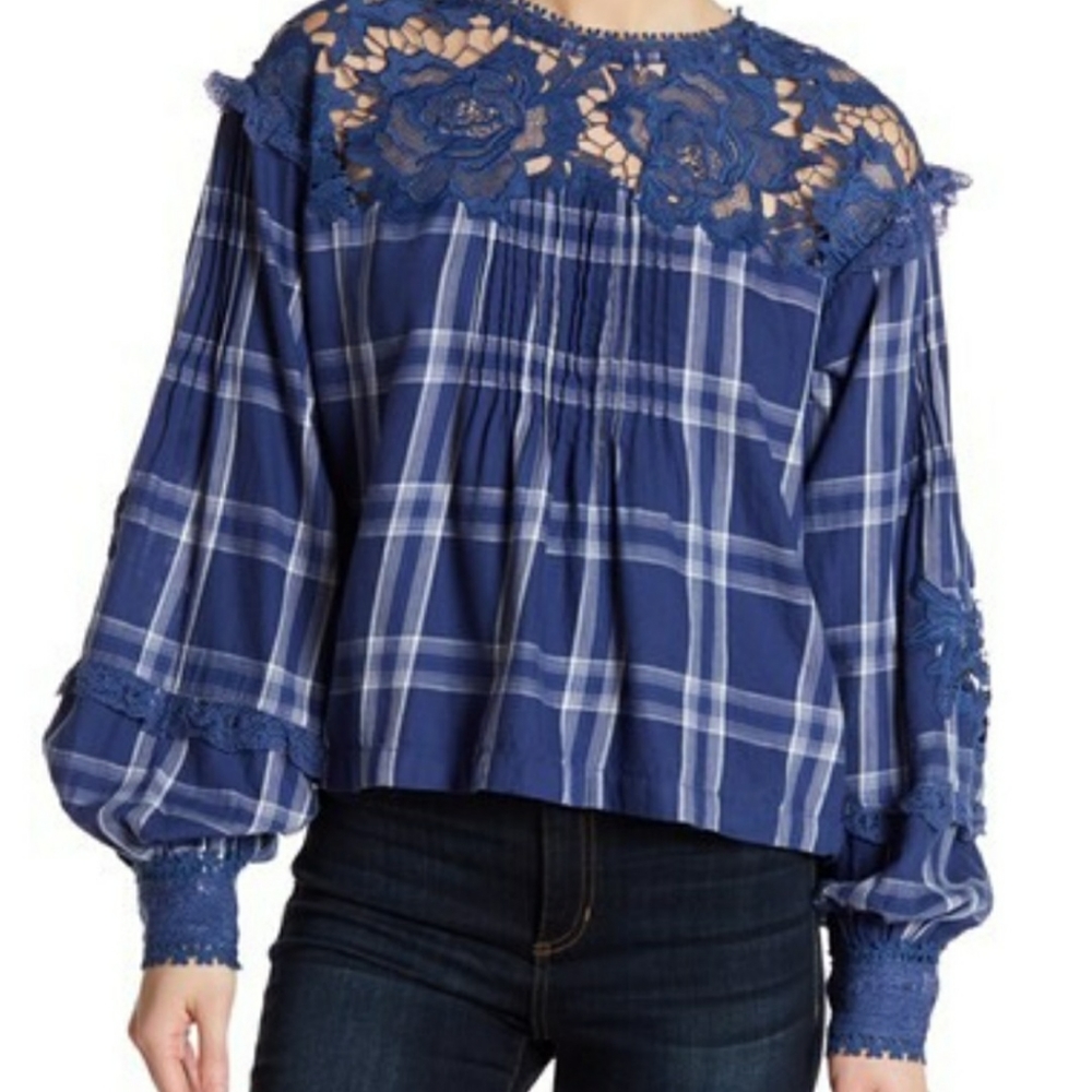 Free People Darling Diana Lace/Plaid Top